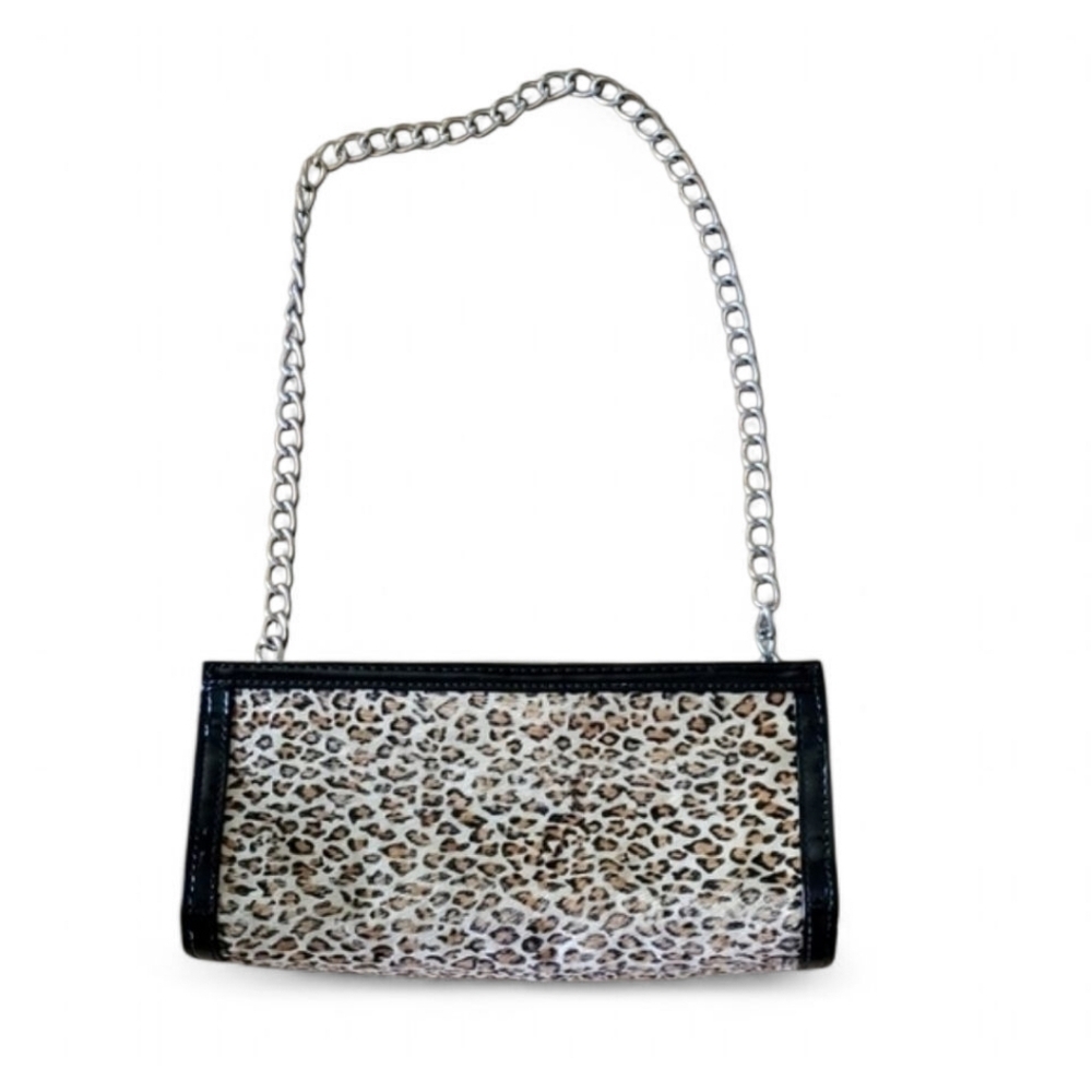 Leopard Print Faux Fur Clutch with chain o…